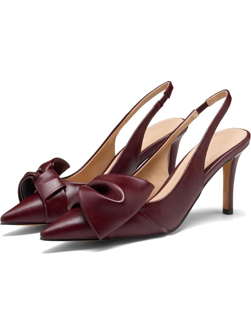 Women's Pu Wine Red Slingback Heels with Bow Pointed Toe Pumps Elasticated Strap